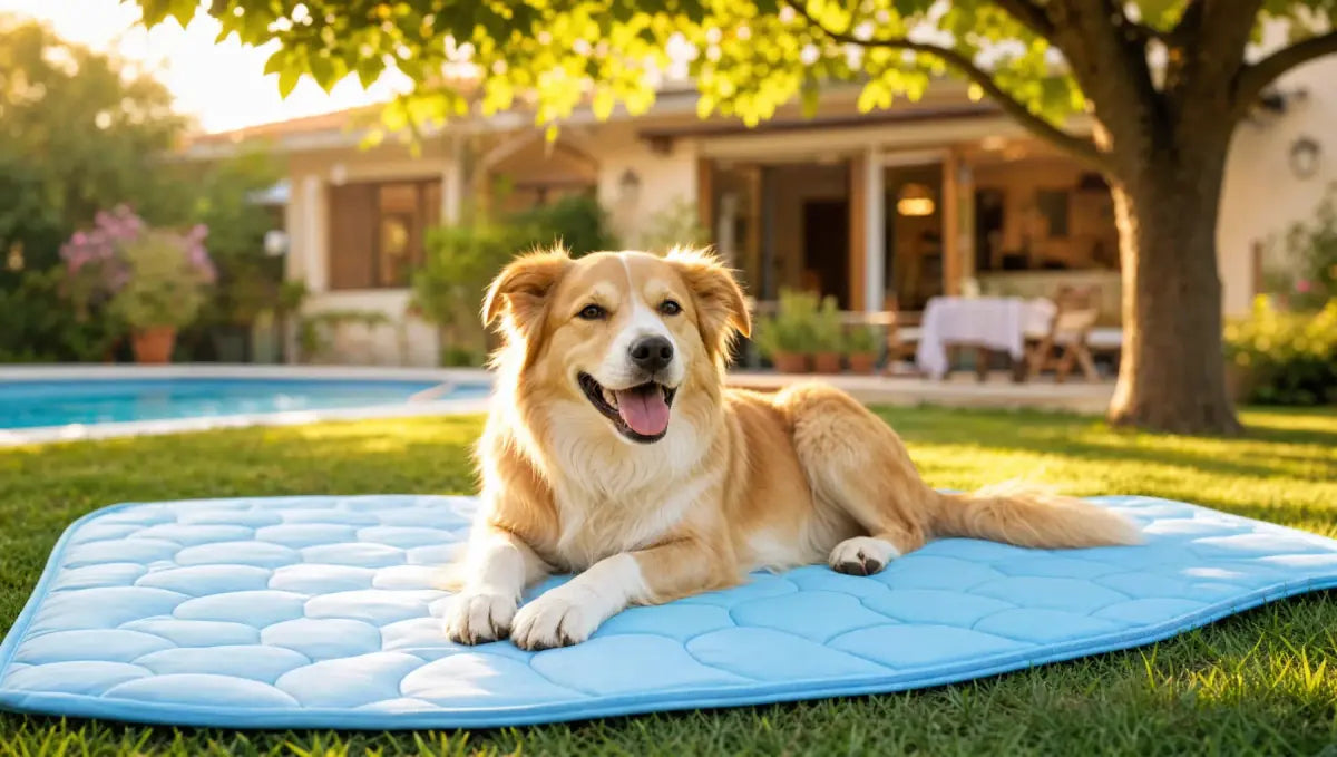 Glücklicher Hund entspannt auf der azurblauen SunnyPaw Kühlmatte im sonnigen Garten