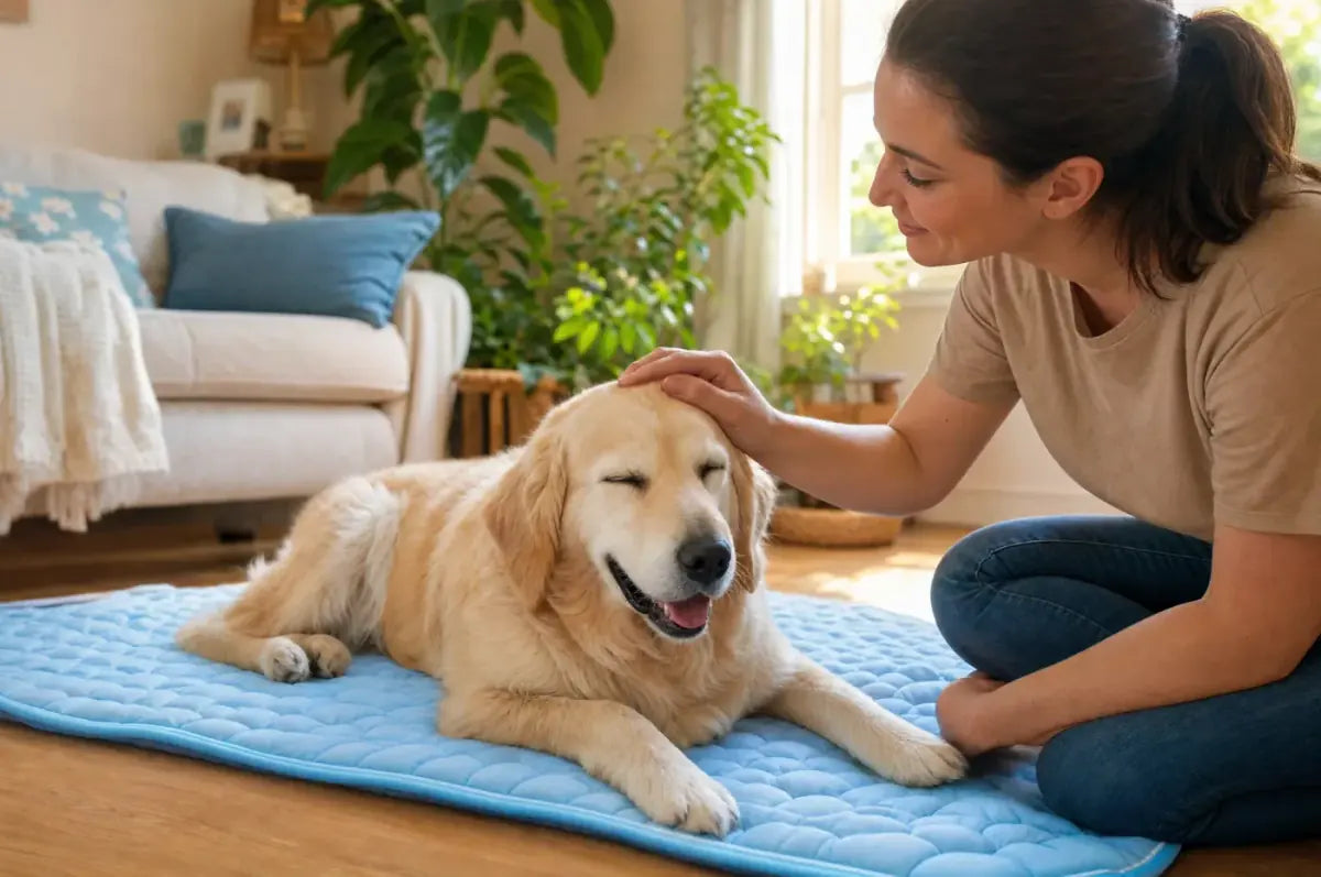 Hund liegt entspannt auf der SunnyPaw Kühlmatte, während eine Hand ihn sanft streichelt